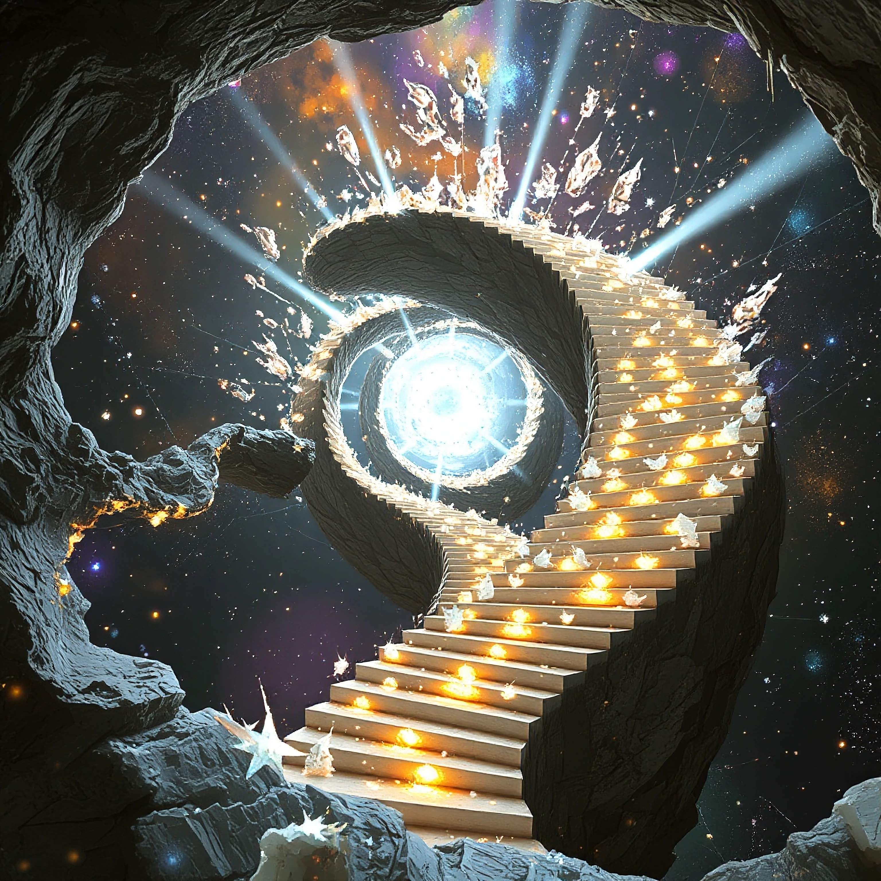 a gravitational anomaly where impossible staircases spiral upward into dissolving constellations, each step fragmenting into stardust and cosmic parti