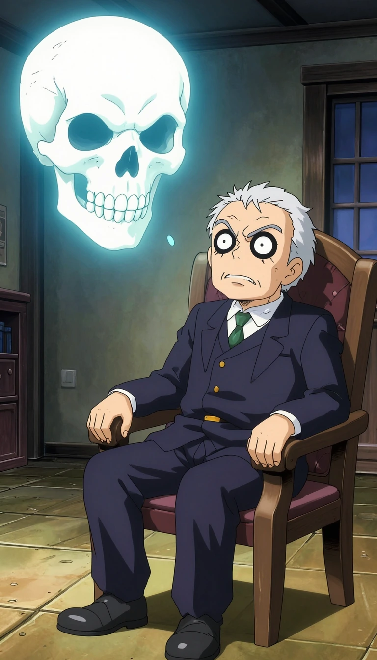 Gothic bug eyed stressed older man sitting in a chair in a mostly empty room with a ghostly bone white glowing skull floating above and to one side th