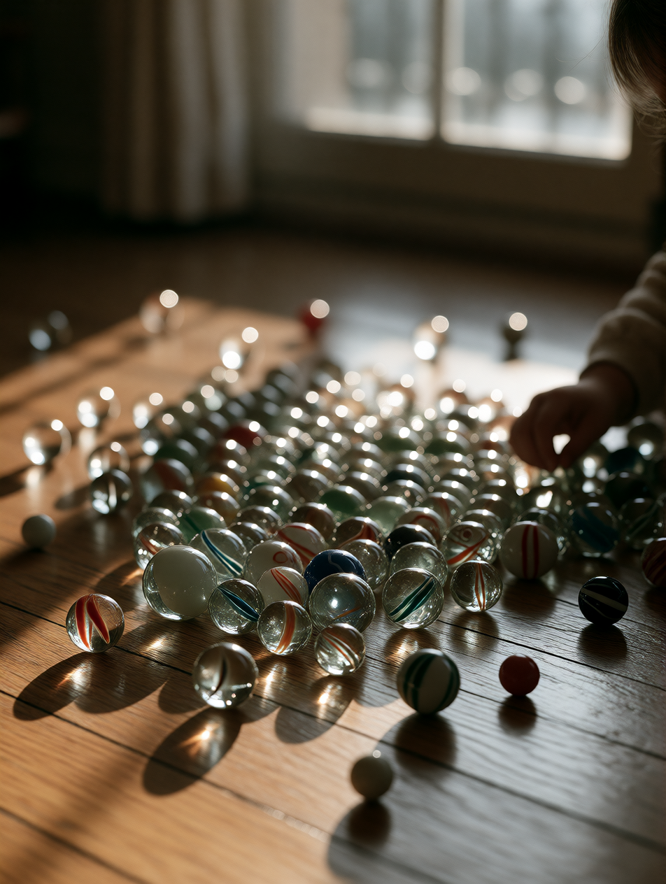 warsaw, 1938. a boy's collection of marbles scattered across…