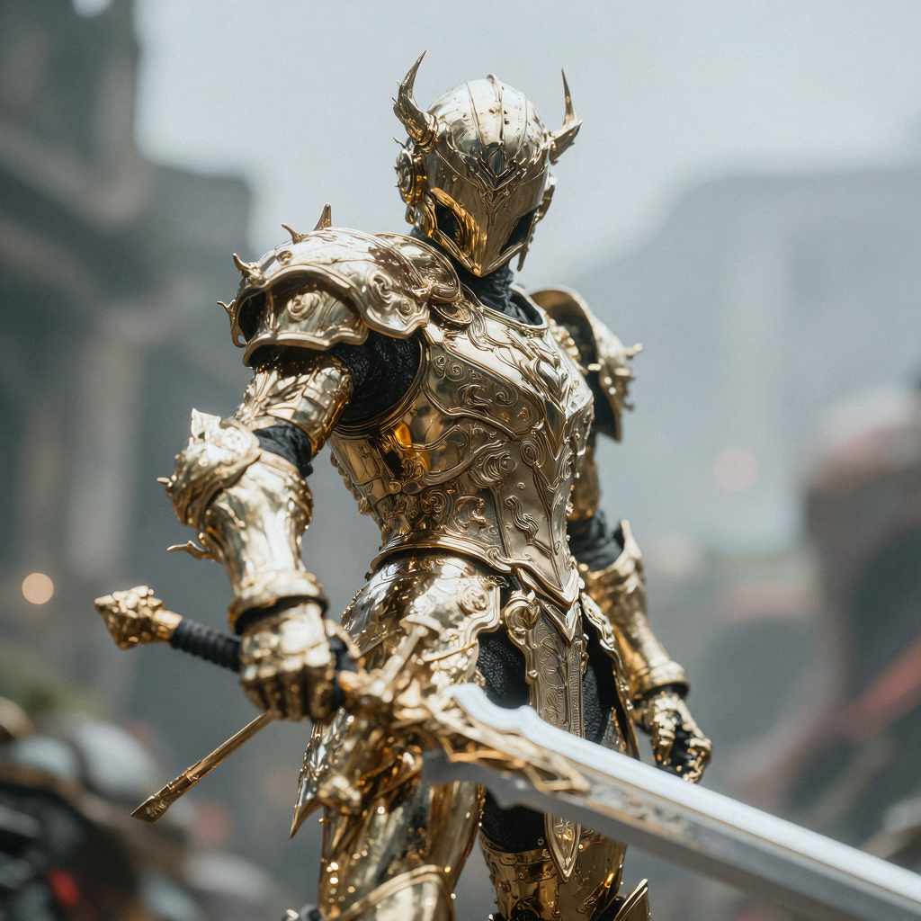 Tanek the Immortal, Hyper-Muscular Sealed full helm Golden Armoured Divine Knight wielder of the True Sword, Slayer of the Demon King. Photorealistic