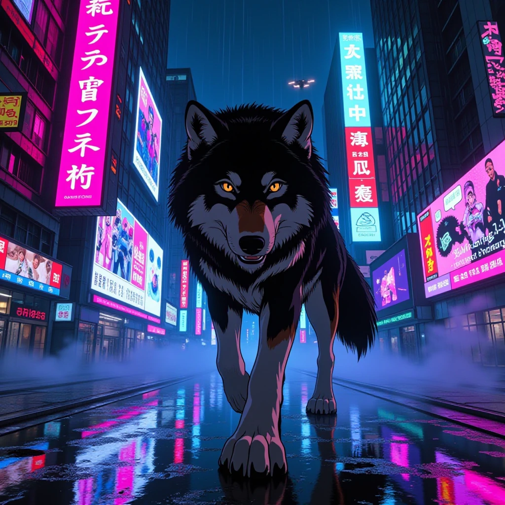 majestic wolf striding through neon-drenched cyberpunk metropolis, rain-slicked streets glistening with holographic reflections, Makoto Shinkai atmosp