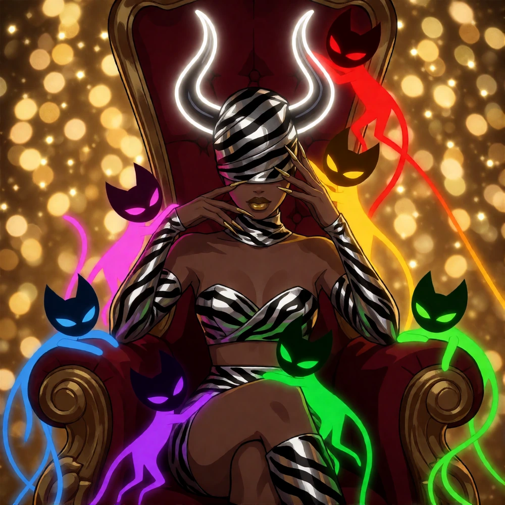 zidiusArt, she wears a clean metallic zebra stripes outfit. The area around her eyes is completely concealed with a reflective zebra stripes patterned fabric, which wraps around her head. Large neonlit white horns. Long golden nails. She sits on a th