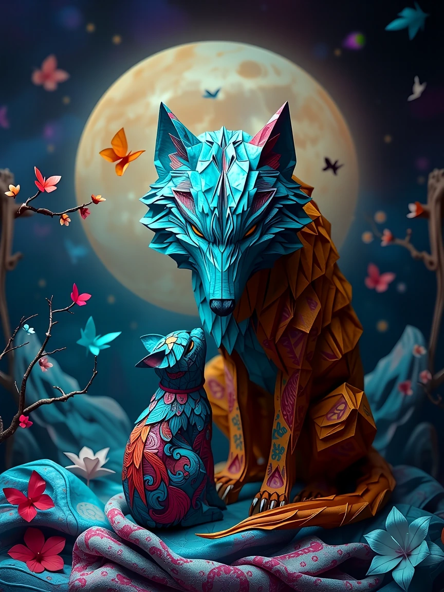 an origami wolf guarding a paper moon With a cat. Surreal colorful
