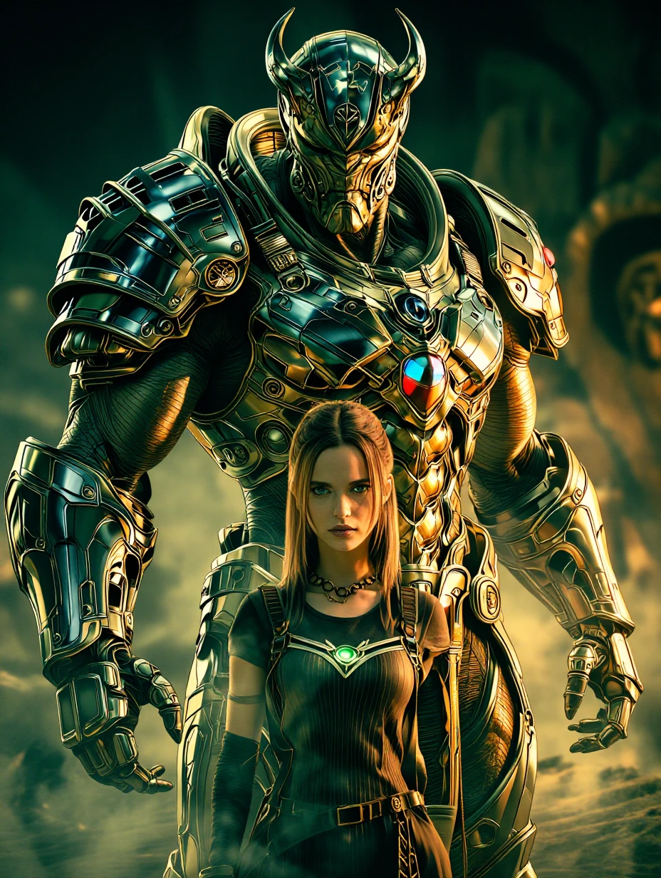 Young girl with her protector, a Hyper-muscular Germanic Supervillain with German tech armour and uniquely German magic