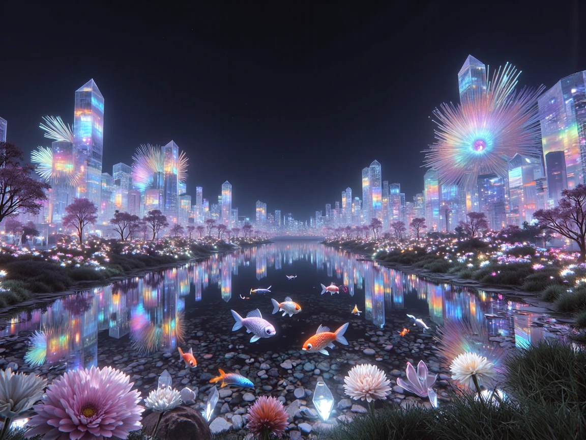 a happy joyful colorful place full with sophisticated structures of flowers, a lake of crystals where glass fish are swimming, extremely detailed, 8k quality