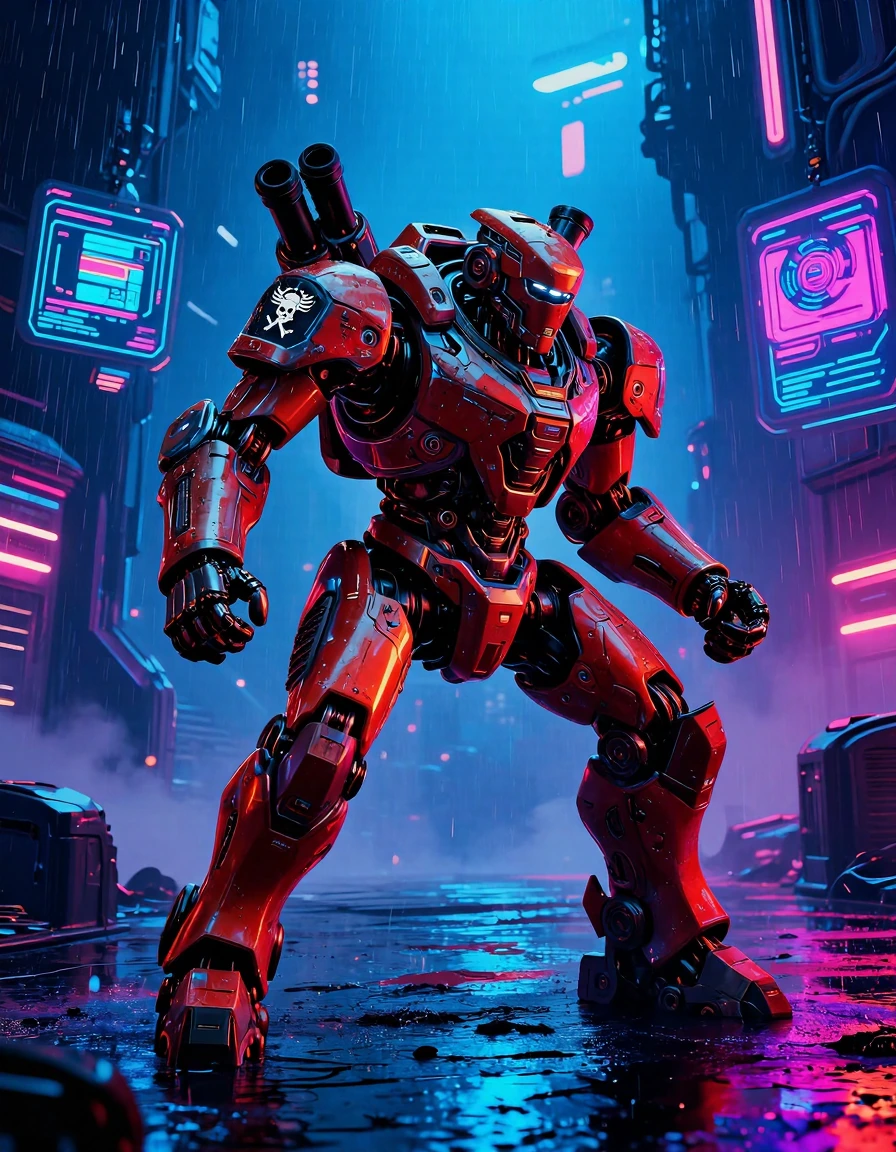 { "image_type": "mechanical_robot", "visual_elements": { "background": { "environment": "futuristic industrial setting", "lighting": { "atmosphere": "smoky with sparks", "color": "blue and orange hues", "type": "ambient" }, "structures": { "elements"