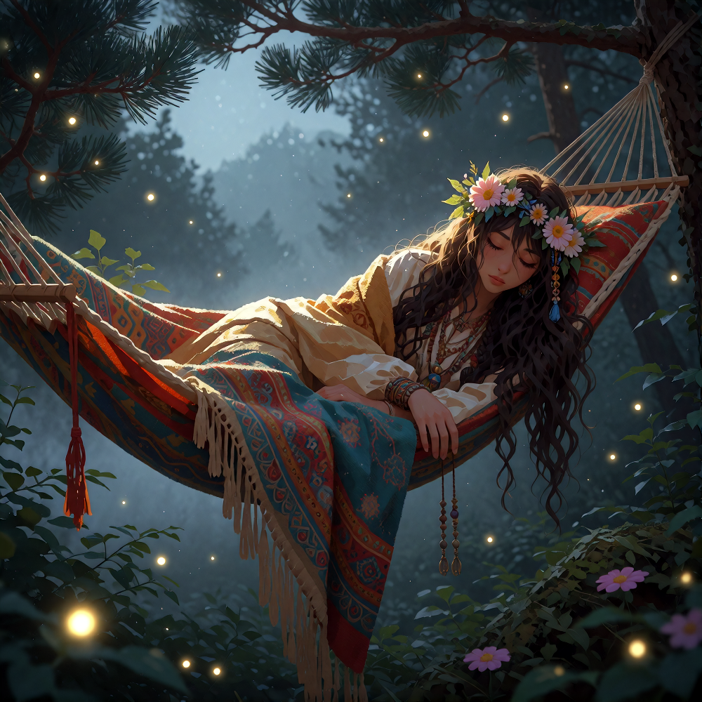Anime style illustration of a bohemian hippie woman sleeping peacefully in a hammock high up in a pine tree canopy, wrapped in a flowing boho blanket,