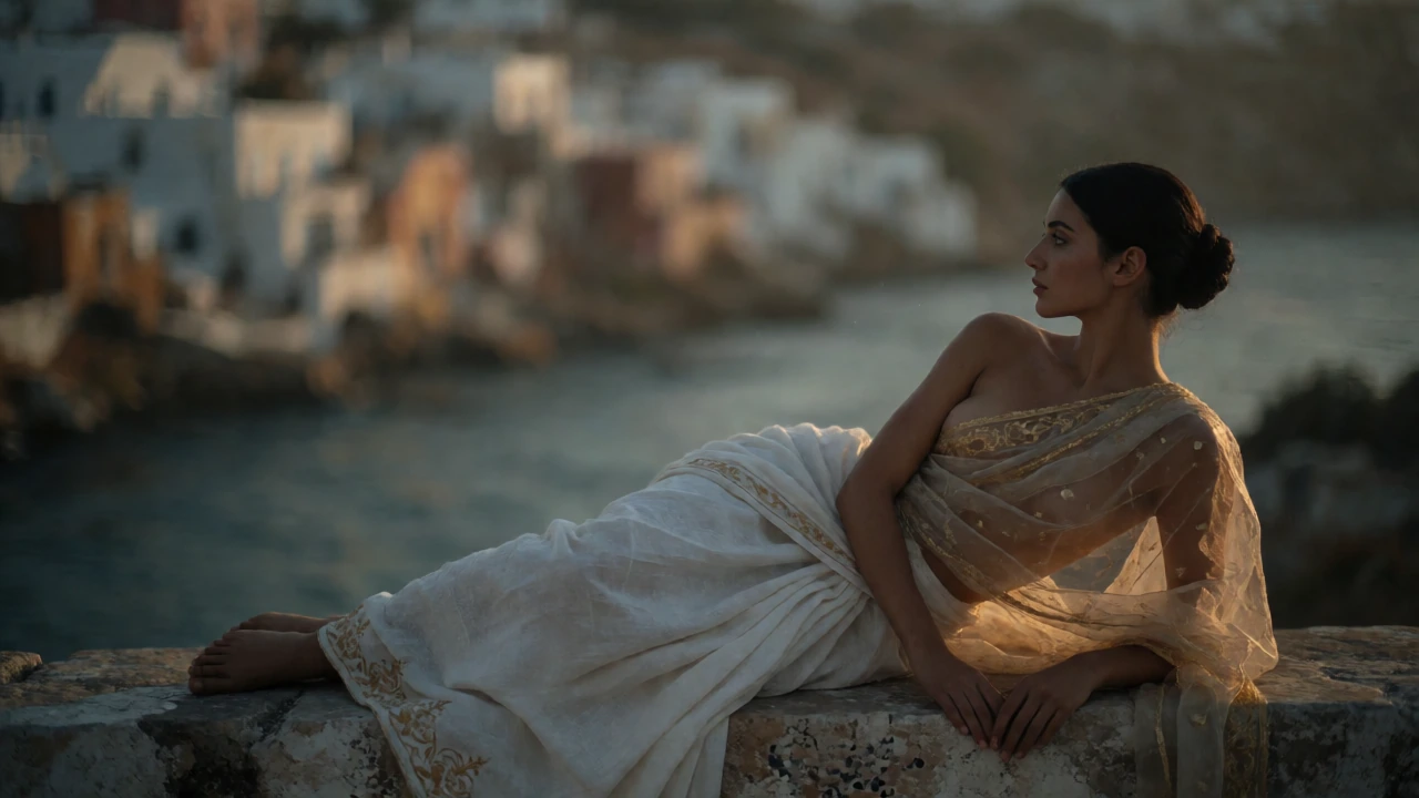 Athletic Greek woman in a classical reclining pose on weathered stone overlooking a river, shot in golden-hour Aegean light. White linen saree draped low at the hips with gold embroidery, sheer gold-threaded organza draped diagonally across her torso