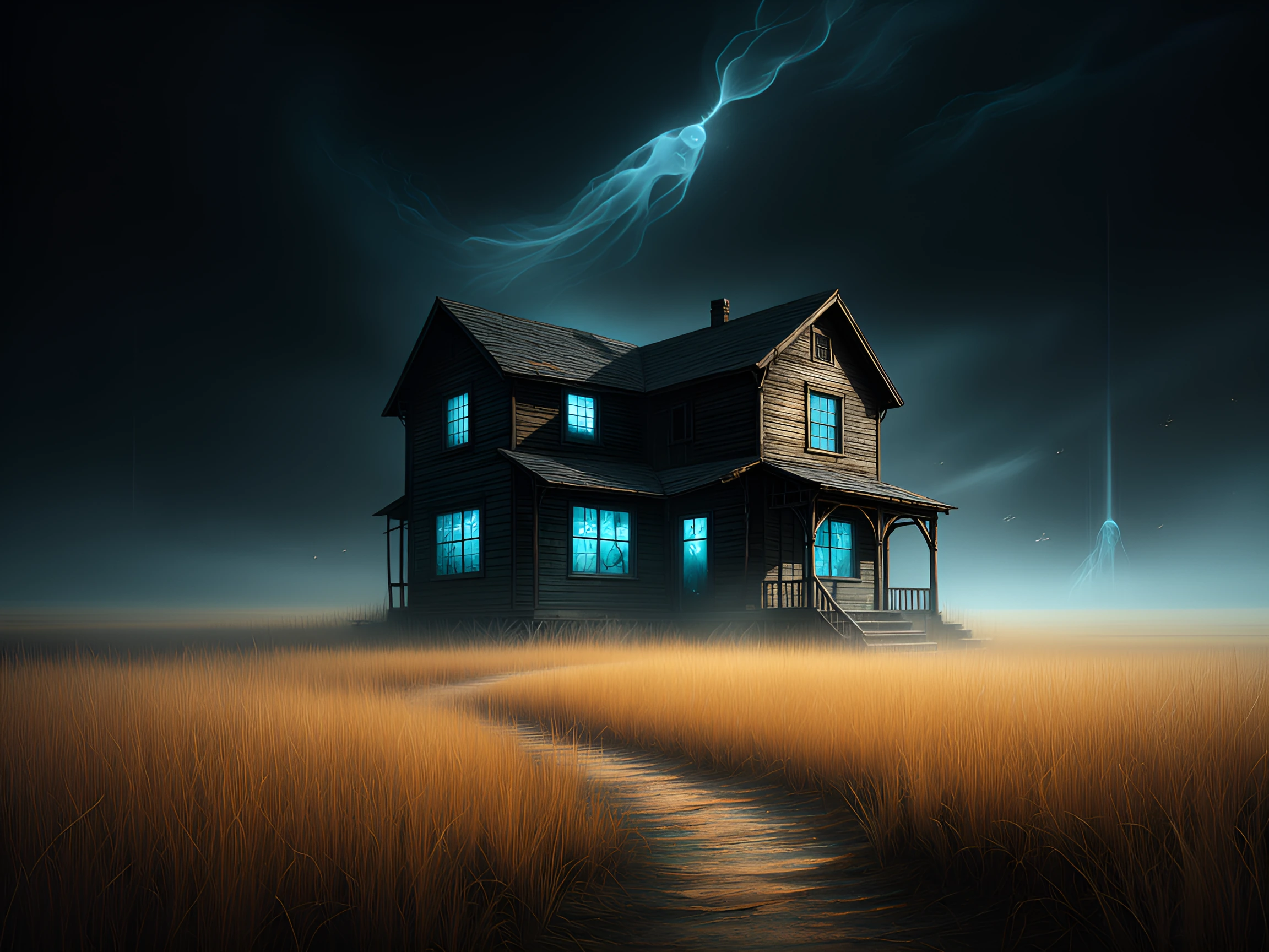 decaying wooden house isolated in the middle of an endless prairie at night, surrounded by tall, whispering grass moving unnaturally without wind. The