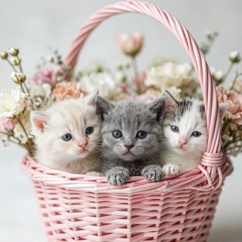 Three tiny kittens with different colored fur—one cream, one grey, one calico—nestled together in a pastel pink wicker basket surrounded by spring flowers.