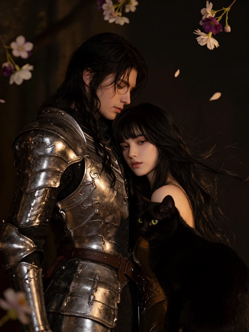 close-up portrait of a Dark Souls knight in ornate, gleaming armor with intricate details, standing beside a beautiful woman with long flowing black hair and bangs, pale complexion, ethereal beauty. A black cat sits nearby. Floating flowers drift thr