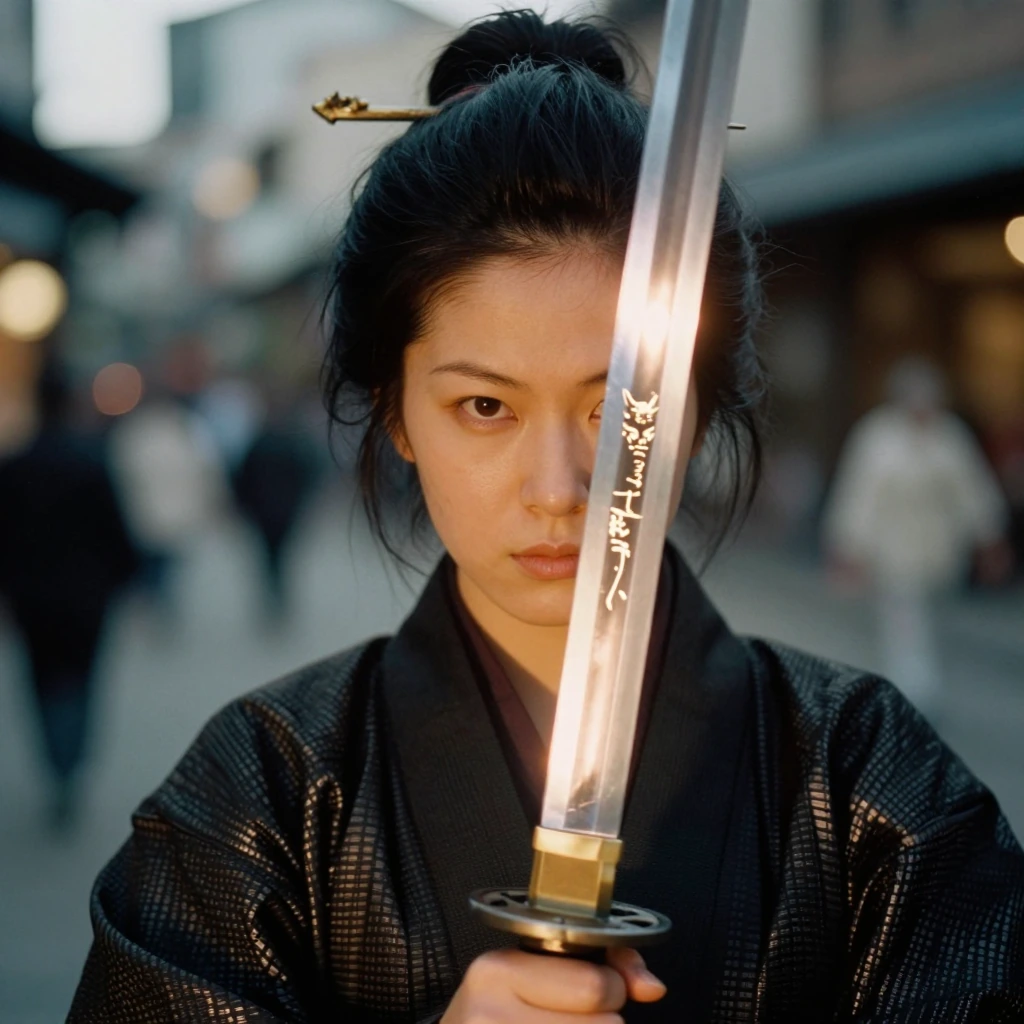 masterpiece, ultimate detailed, tiny finnest details, Fierce japanese female warrior is holding a reflective shiny (katana:1.3) in front of her face, (an ancient mythical Japanese demon is reflected in the katana blade:1.6),