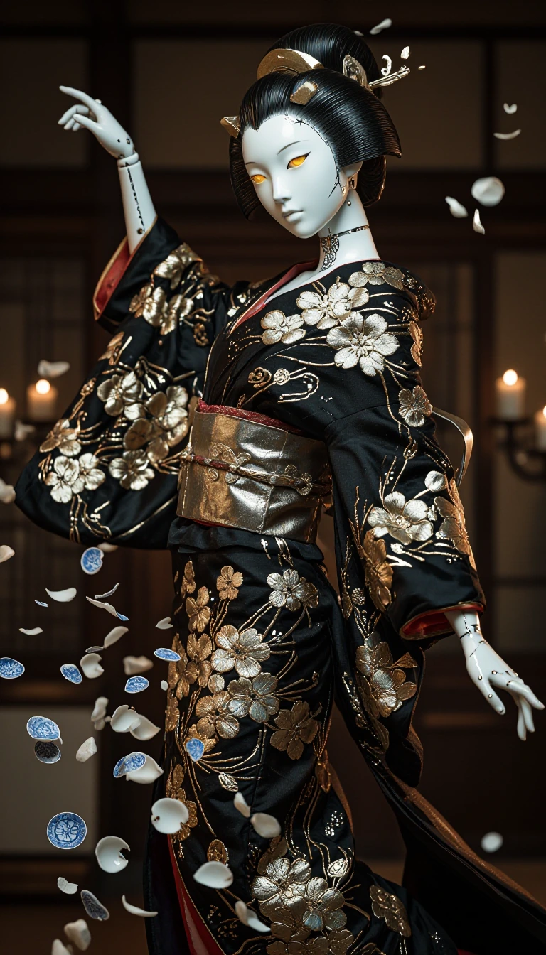 Subject & Aesthetic ​A cinematic, hyper-realistic masterpiece of a high-tech Geisha Automaton captured mid-performance. She is a fusion of ancient artistry and futuristic engineering. Her face and exposed joints are crafted from exquisite, translucen