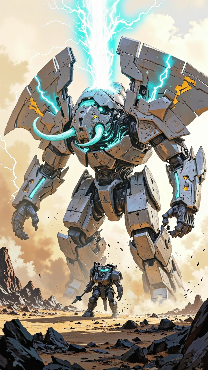 A colossal mechanical elephant mid-transformation on a scorched battlefield, its body splitting open along geometric fault lines to reveal a war machine within. Sleek steel plating peels back like origami; plasma conduits glow electric blue beneath.