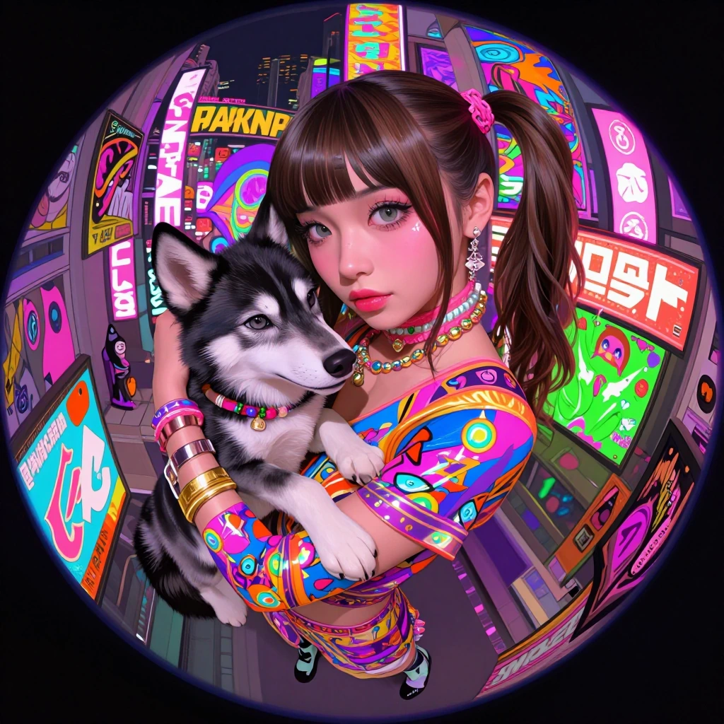 A hyperrealistic Japanese pop art portrait of a brunette woman (holding her black and white wolf pup) with long, brown high ponytail looking directly into an extreme fisheye camera lens. The scene is an explosion of over-the-top colors: neon pink, el
