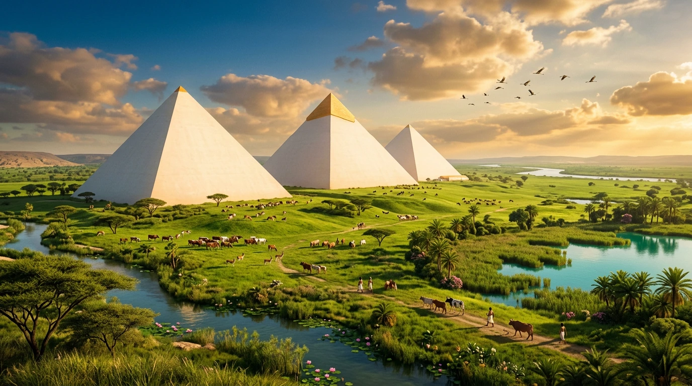 Ancient Egyptian plateau during the African Humid Period: pristine white limestone pyramids rising from emerald grasslands dotted with acacia, papyrus marshes, and turquoise lakes. Polished casing stones gleam blinding white in subtropical sun. Herds