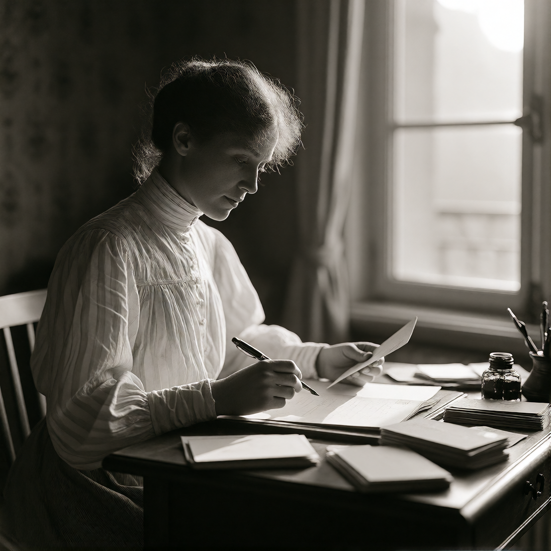 vienna, 1910. a young woman sorts through a stack of postcar…