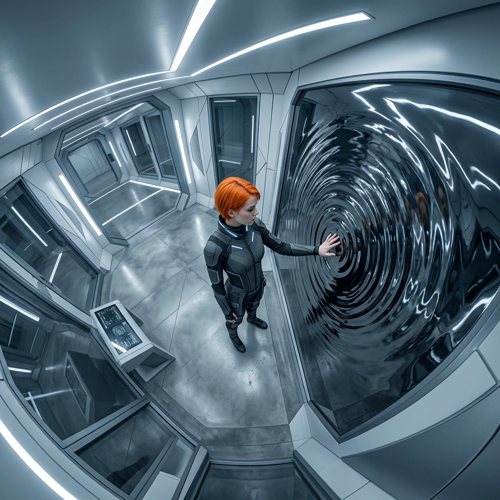 sleek minimalist room with sharp angular lines and soft cool lighting, a large mirror on the wall rippling like liquid water under a woman's fingertips, she has bright orange hair and wears a bladerunner-style fitted suit, clinical and controlled env