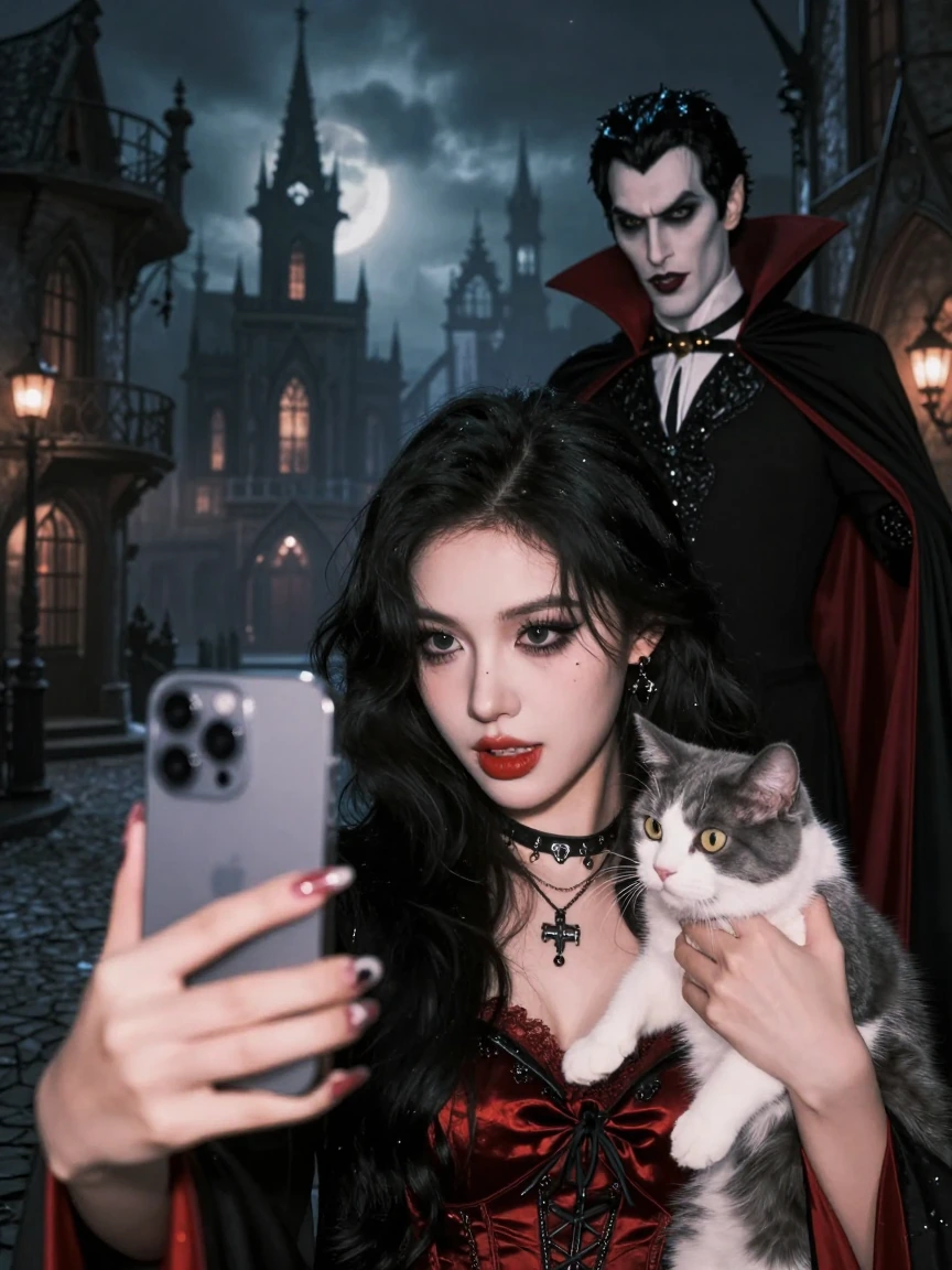 Crazy girlfriend taking a selfie with her cat in a gothic town and getting photobombed by Dracula