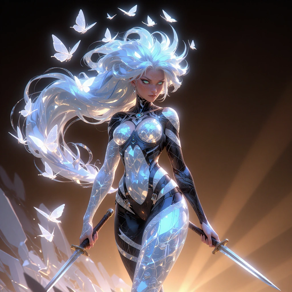 warrior woman with luminescent crystalline skin glowing pale blue, dual long slender rapiers with el…