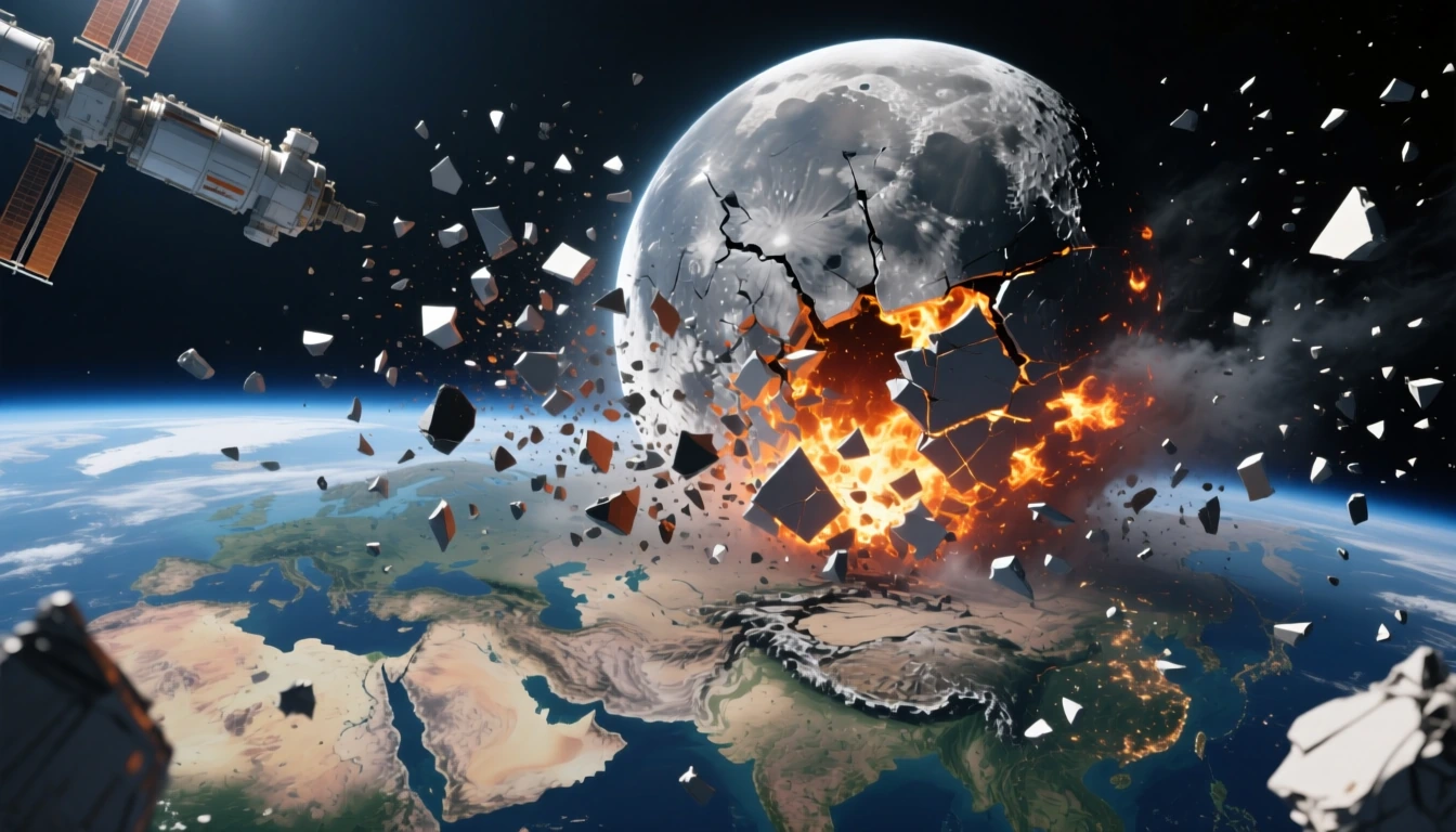 The moon has shattered and is falling at terminal velocity to Earth in a million gigantic pieces! The devastation will be catastrophic! Viewed from the International Space Station. The largest part of the moon has entered the atmosphere bathing the b