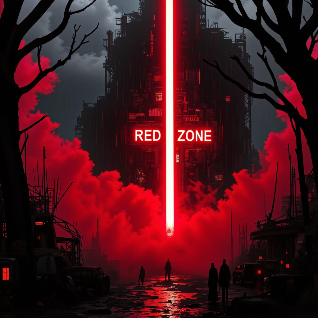A neon "REDZONE" sign glows menacingly in vivid red, piercing through dense crimson fog and heavy rain. Skeletal branches frame the dystopian scene, while dark silhouettes of figures emerge from the haze below. Stormy grey clouds roil overhead, creat