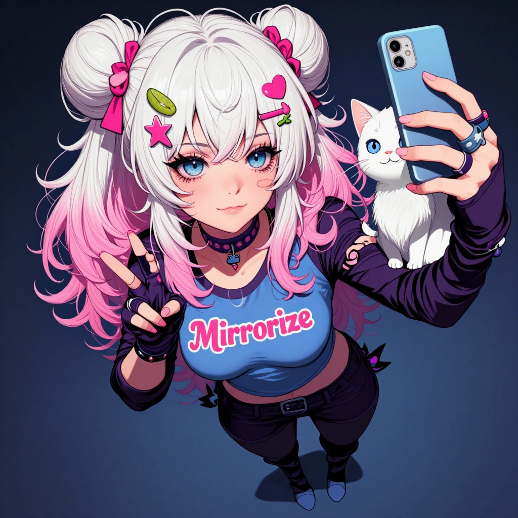 masterpiece, best quality, score_9, score_8, safe, @Mirrorize aged up, solo, 1girl, taking selfie, 1cat, full body, text: "Mirrorize" on shirt, blue e