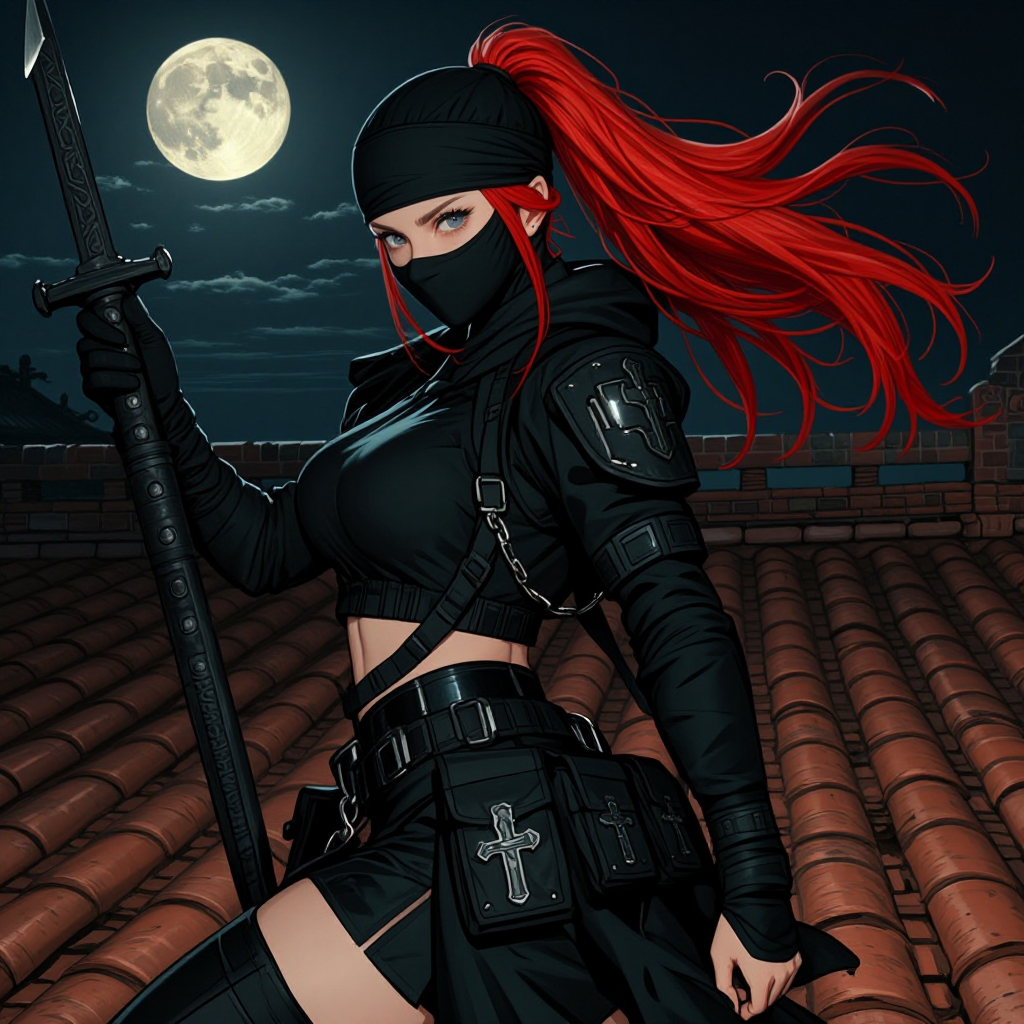 Female Ninja, a strand of vivid red hair escapes her black head gear betraying her novice status, her runic dagger of black steel is held ready along 