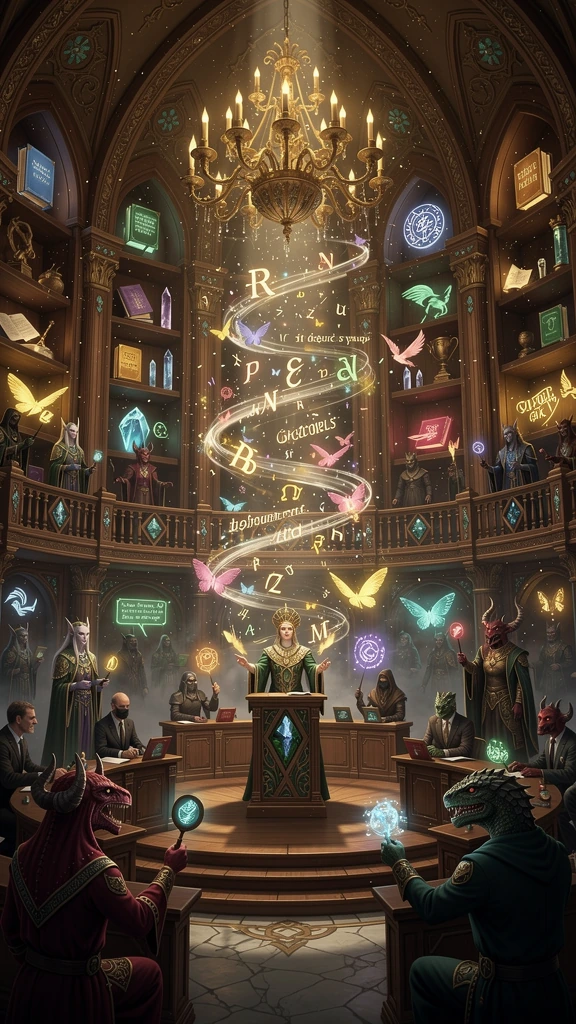 An ancient mysterious auction hall hidden between worlds where forgotten languages are sold as glowing magical relics instead of objects. The elegant 