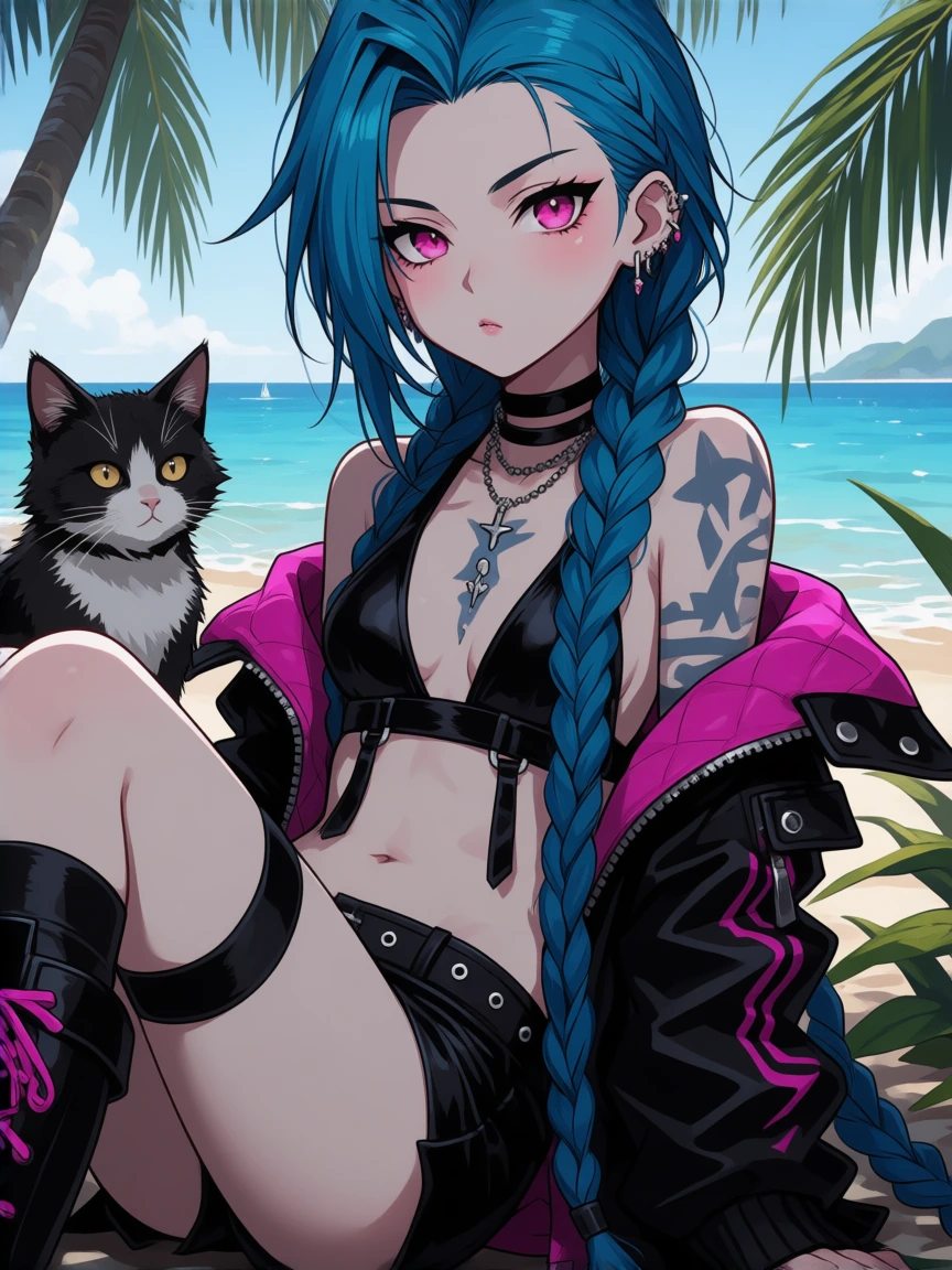 Jinx goth cyberpunk style tropical at the beach with her cat and coffee