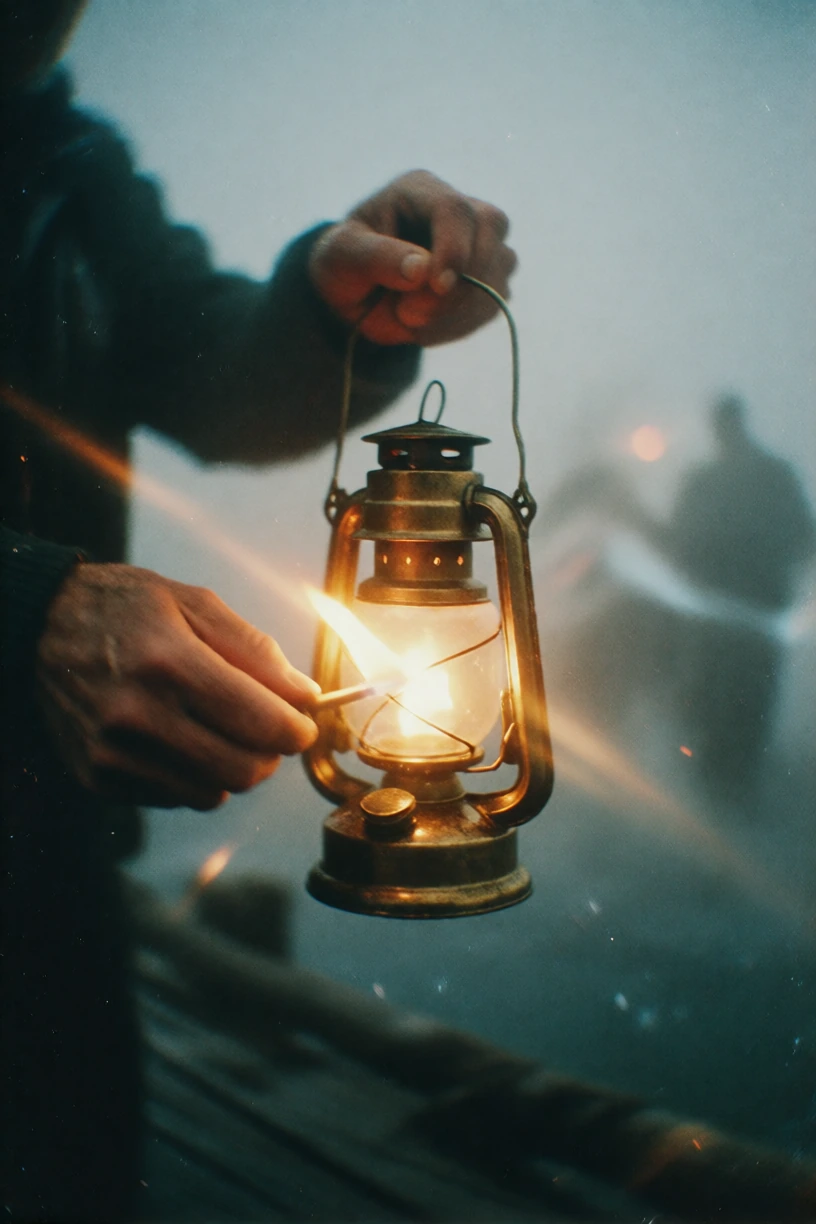 Medium close-up of weathered hands lighting an ornate brass lantern, shot with anamorphic lens creating horizontal flares across thick fog. Kodak Vision3 500T stock, motivated warm practicals cutting through cool-toned volumetric haze. Shallow depth 