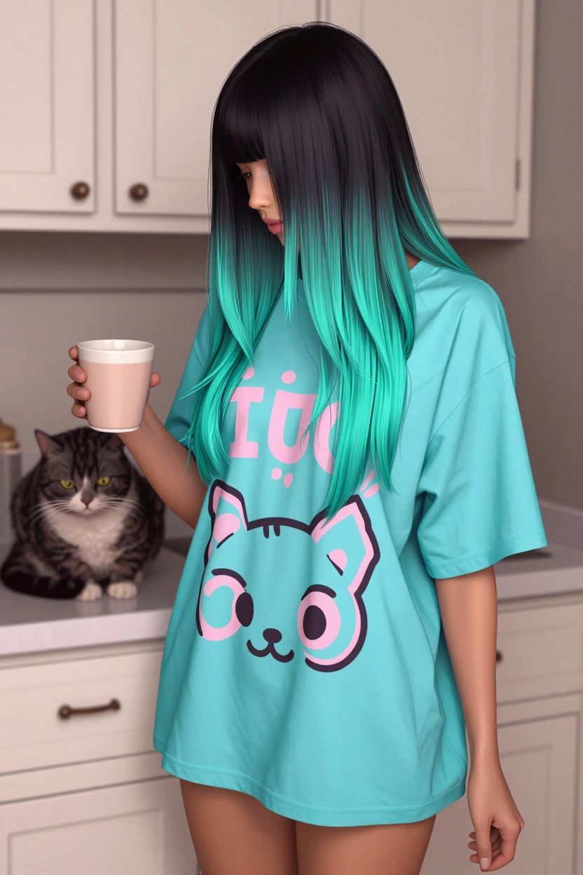 Woman, long, black, bright aqua, ombre hair, with her cat in the kitchen, getting coffee, oversized kawaii style graffiti T-shirt in the morning