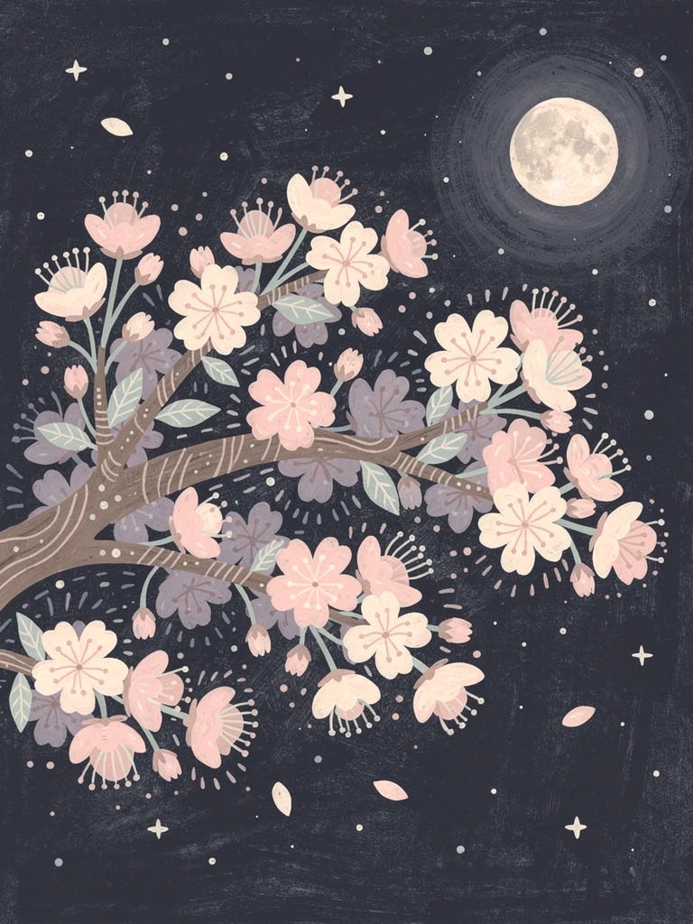 Pastel folk art cherry blossoms at night