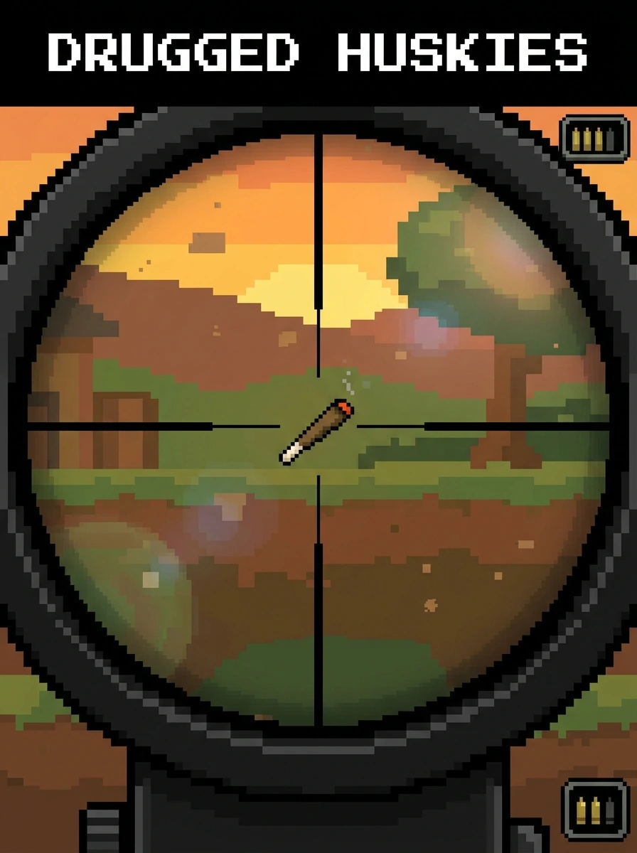 Meme-ish cartoon image of a Sniper scope crosshair view, magnified optical lens perspective, crystal clear reticle in center frame, flying blunt marij