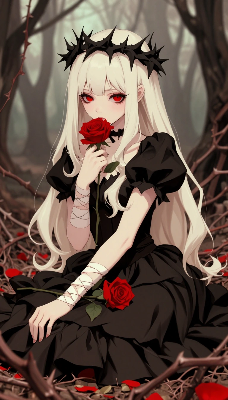 # Gothic Rose A pale, ethereal figure sits among thorny vines in a desolate forest. She wears a black gothic dress with short puffed sleeves, her porcelain skin contrasting starkly against dark fabric. Long platinum blonde hair cascades down her back