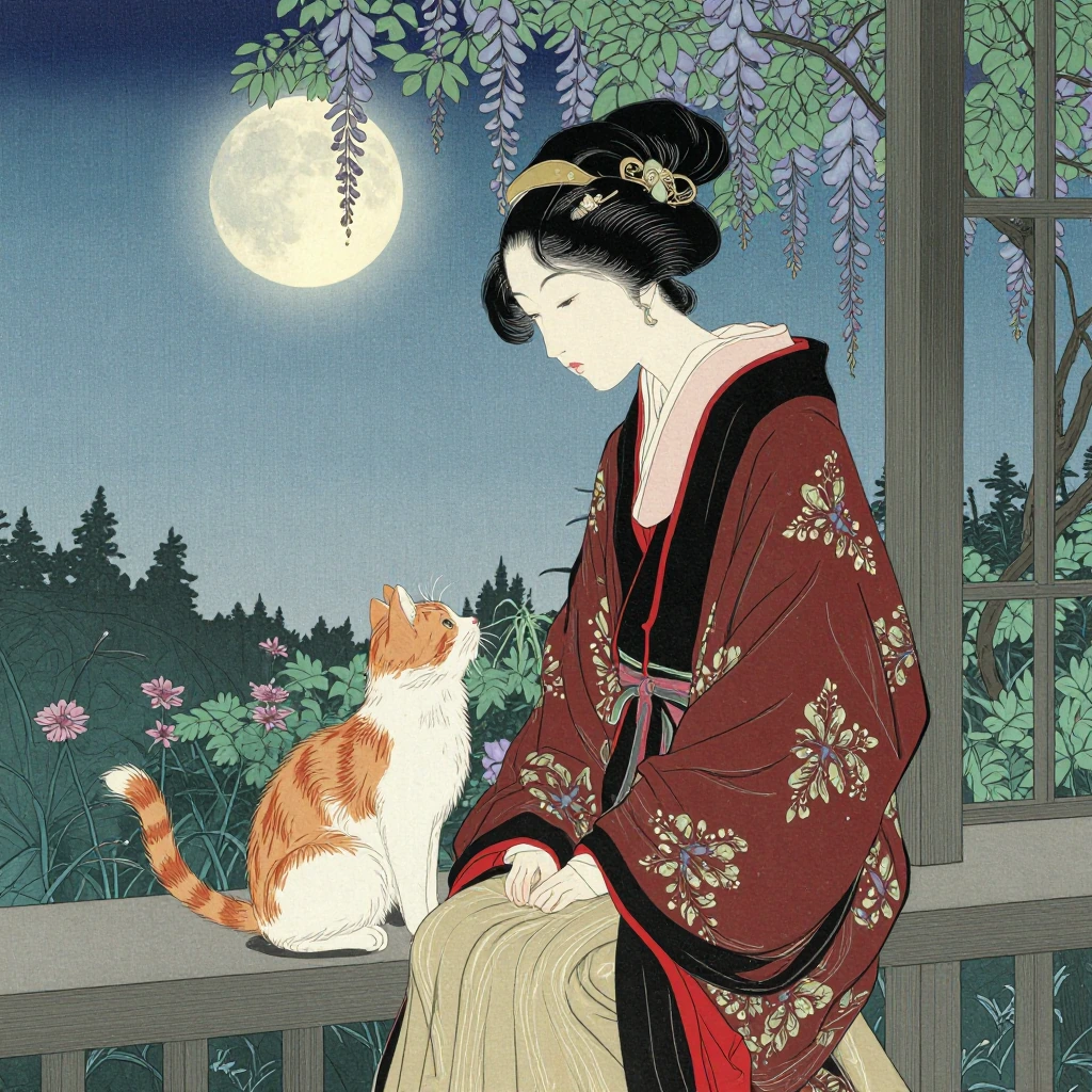 Ukiyo-e composition of a beautiful woman in rich crimson and gold robes playing with an orange and white cat on a veranda, with a lush garden of wisteria vines and a serene moonlit night sky behind her
