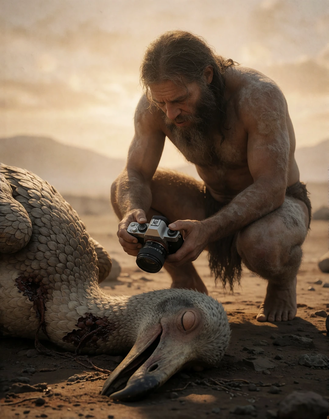 A Neanderthal man crouched beside a dying dodo bird on barren ground, holding a recording camera in his hands and filming the dodo, both figures rendered in sepia-toned paleontological illustration style — like a cross-section museum diorama come to