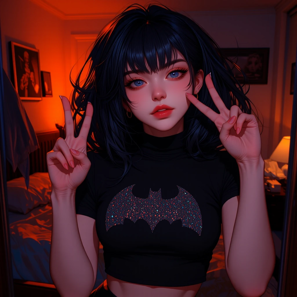cute e-girl with black voluminous hair taking a mirror selfie in a dim bedroom, making a peace sign near her cheek, wearing a tight black crop top wit