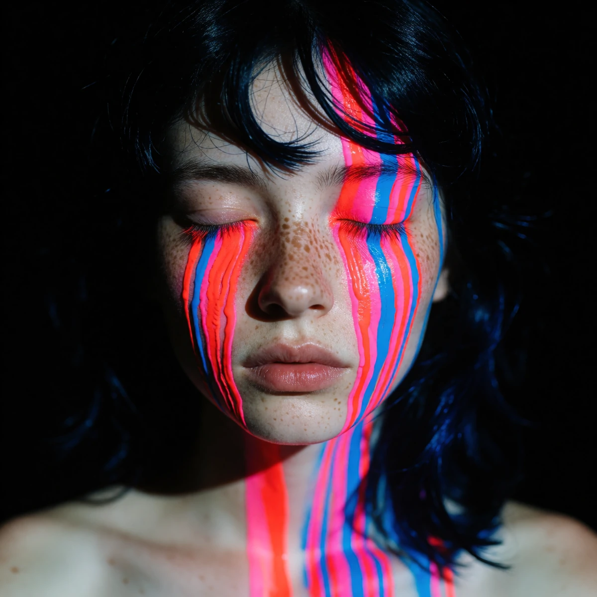 A close-up of a person with one of their eye closed, and vibrant, neon-colored streaks flowing from their eyes down their face. The colors include sha