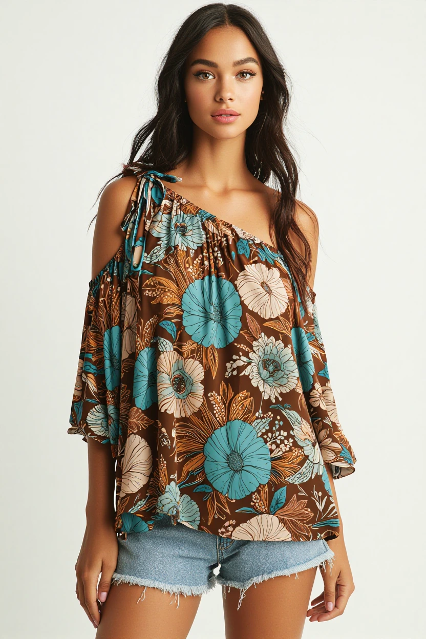 A stunningly beautiful young woman with expressive brown eyes and long wavy dark brown hair in a ponytail wearing an off-shoulder top, loose relaxed f