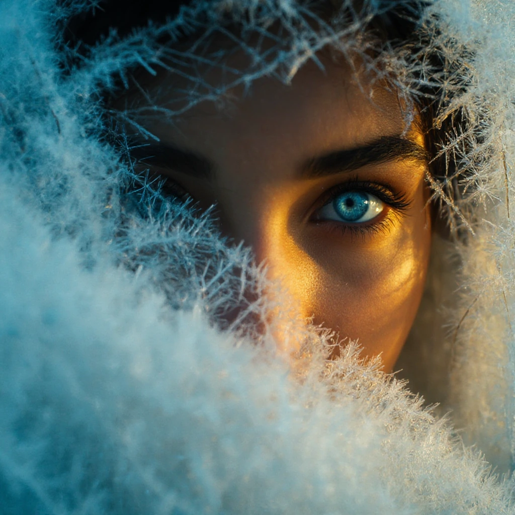 close-up portrait of a young woman in a harsh winter environment, her face partially obscured by frost-covered fabric and swirling icy fibers. One piercing blue eye is sharply in focus, staring directly at the viewer with quiet intensity. Fine ice cr