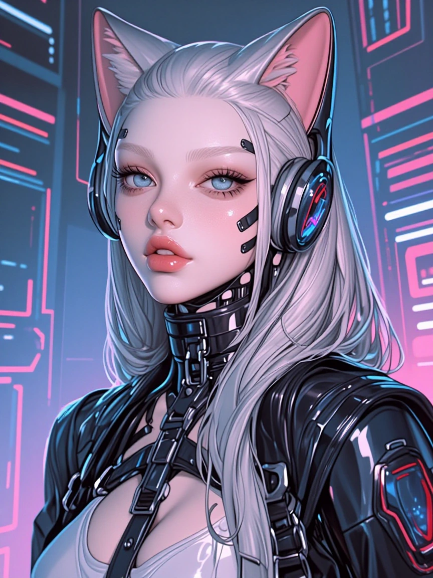 Beautiful cat woman, almost fully cybernetic, futuristic background, colorful