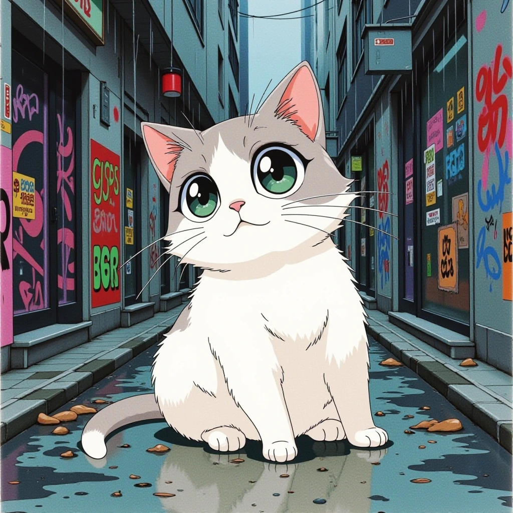 Cute cat, watercolor anime painting, big droopy eyes, alleyway background, rain, graffiti