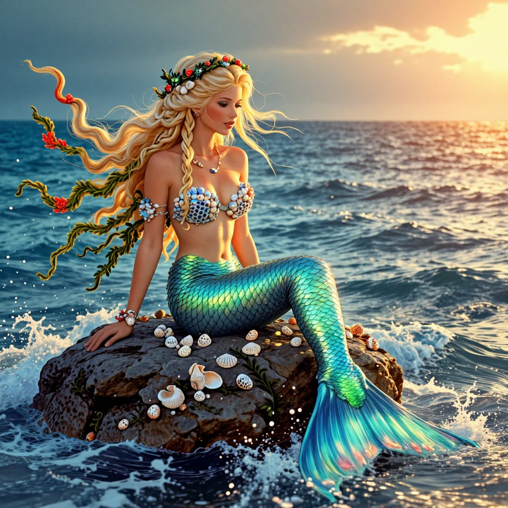 A breathtakingly beautiful blonde mermaid sitting gracefully on a weathered ocean rock at sunset, her long golden hair styled in elegant flowing braids with vibrant coral pieces and lush green seaweed woven throughout, strands gently moving in the se