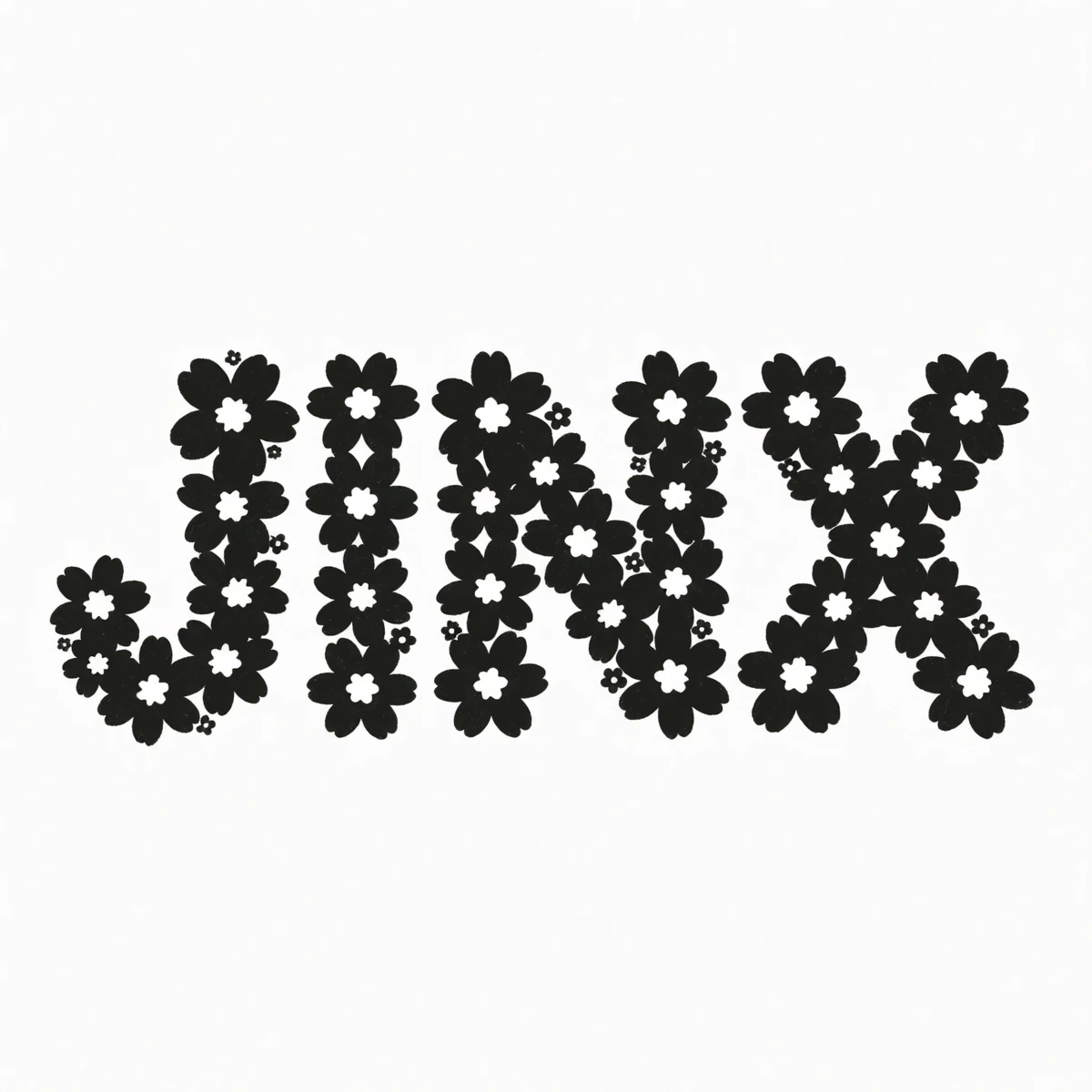 Text JINX in black on white background, the letters are made of flowers and they are cute cozy beautiful