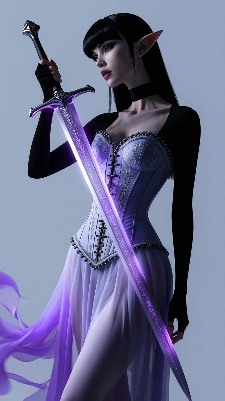 A hyper-detailed elf woman emerging. Her drifts dissolving into selective blur, while her face remains crystal clear She holds a slender sword forged 