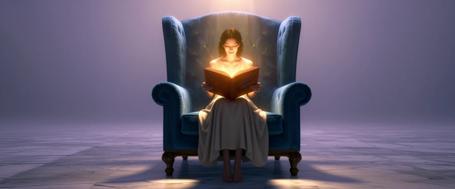 A woman sits in an oversized cerulean velvet armchair, her body dwarfed by its towering wingback silhouette, holding an open book facing outward toward the viewer as if reading aloud directly to them. The chair dominates the frame with thick tufted c