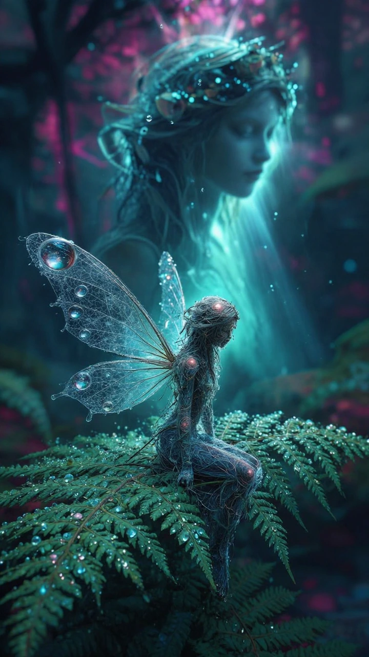 An extreme macro photograph of a bioluminescent woodland sprite emerging from a dew-soaked fern. Her body is made entirely of refractive, liquid-glass