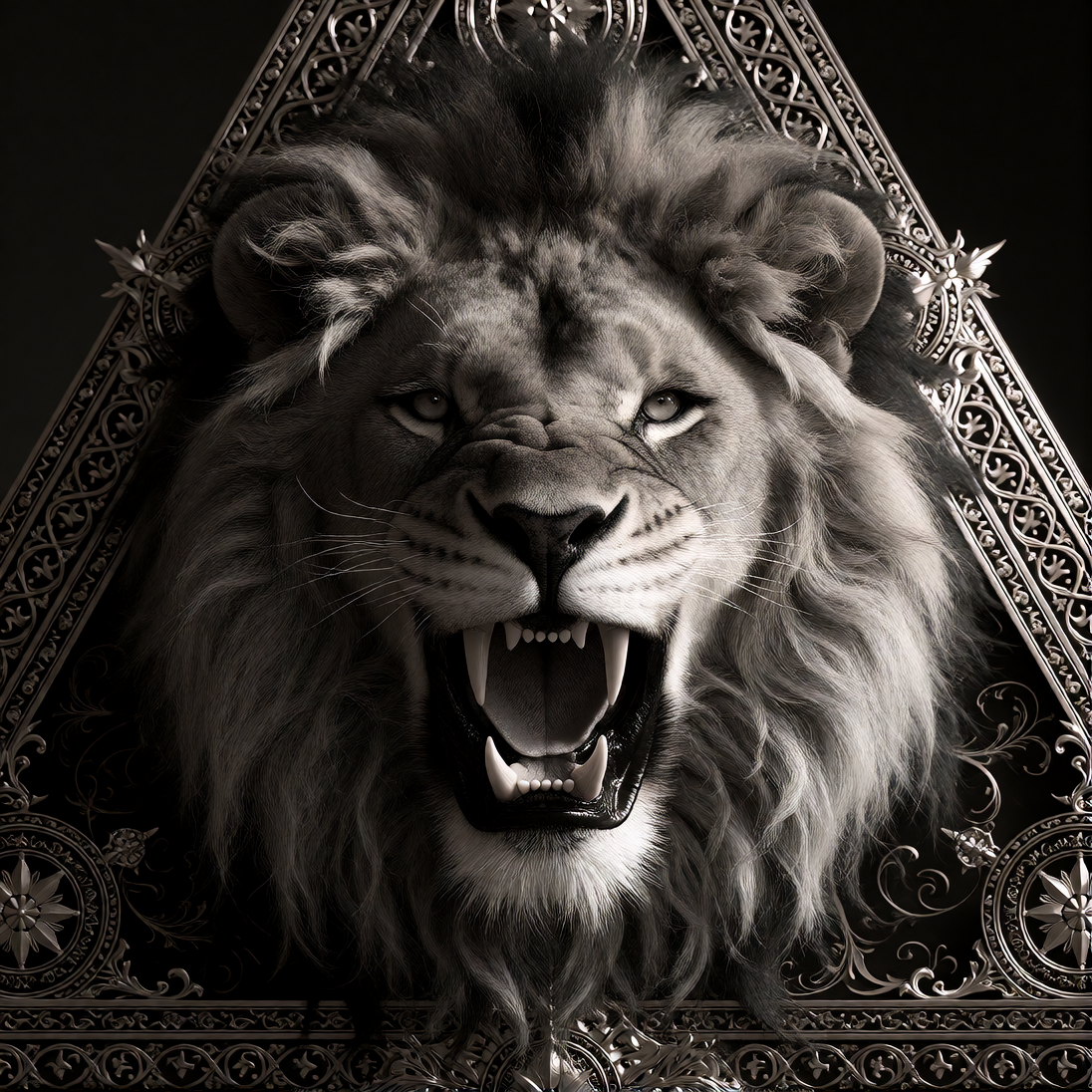 The image is a black and white photograph featuring an ornate triangular design with a lions head at its centre The lions head is depicted in a triang