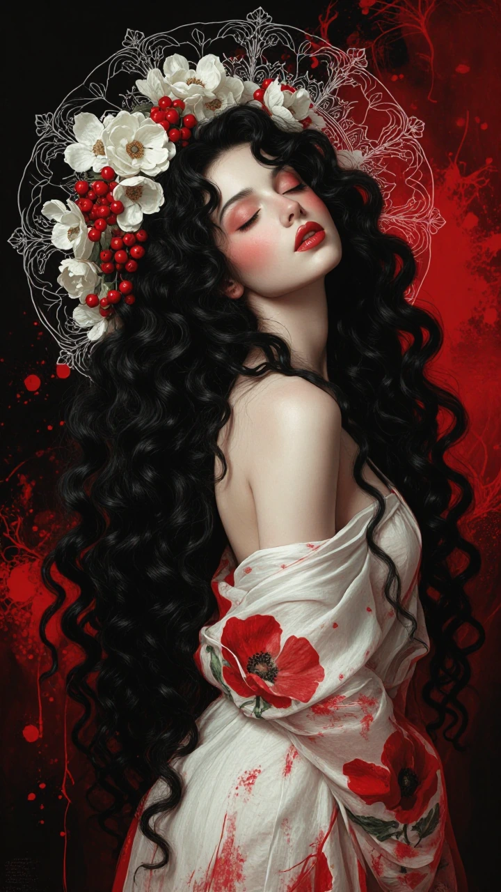 Stunning digital painting of a beautiful woman with pale porcelain skin and subtle rosy blush, eyes gently closed, head tilted back in a serene pose. She has long, voluminous, flowing jet-black curly hair cascading over her shoulders and back. An ela